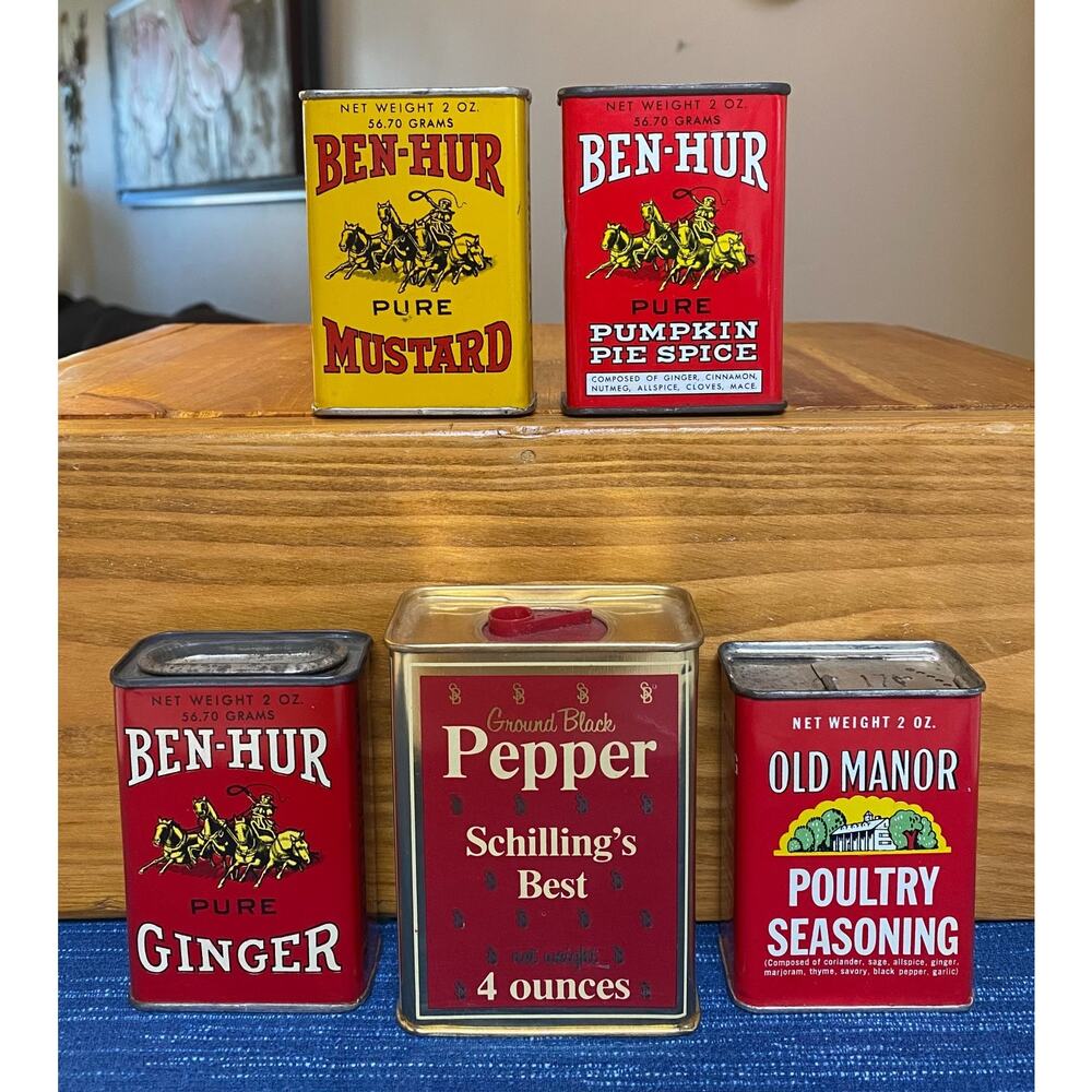 Vintage Spice Tin Lot Kitchen Home Decor TV Prop Ben-Hur Schilling's Old Manor